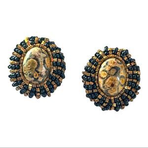 Vintage artist made Leopard Jasper black gold glass bead earrings 1.5” x 1.25”